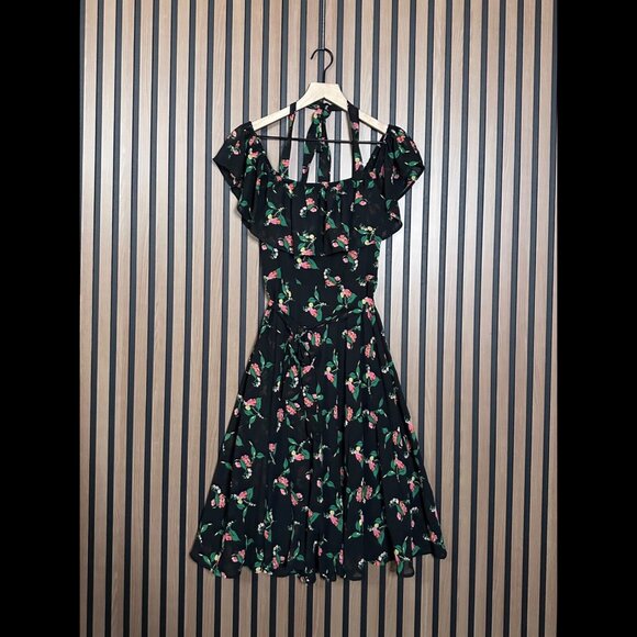 Vanessa & Virginia Dress US 0 Womens Black Ruffled Fit & Flare Floral Midi Flowy - Picture 1 of 7